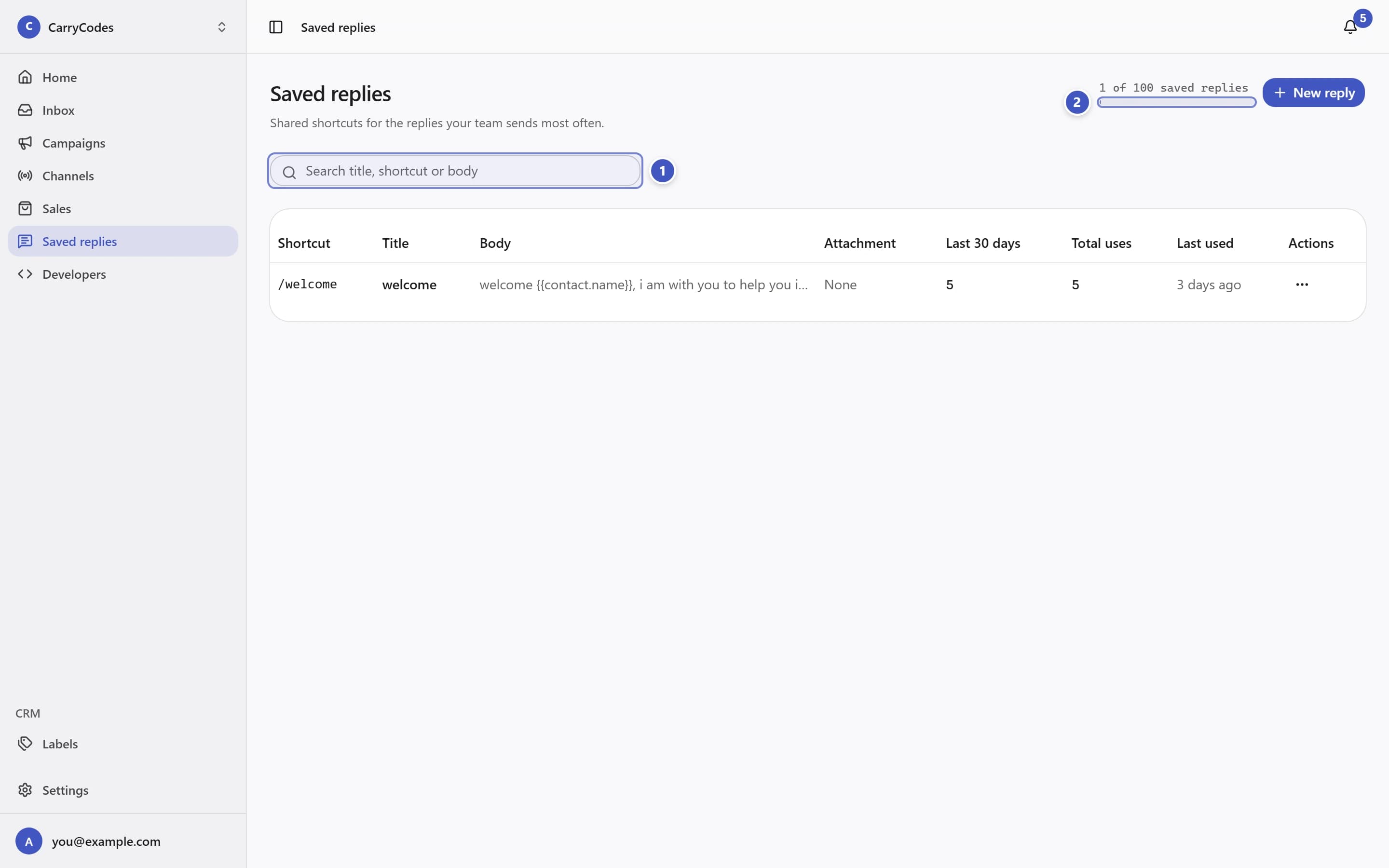 Saved replies page with Search saved replies marked 1 and Saved reply capacity marked 2