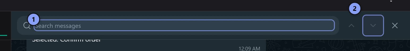 Open conversation search with Search messages marked 1 and Next search result marked 2