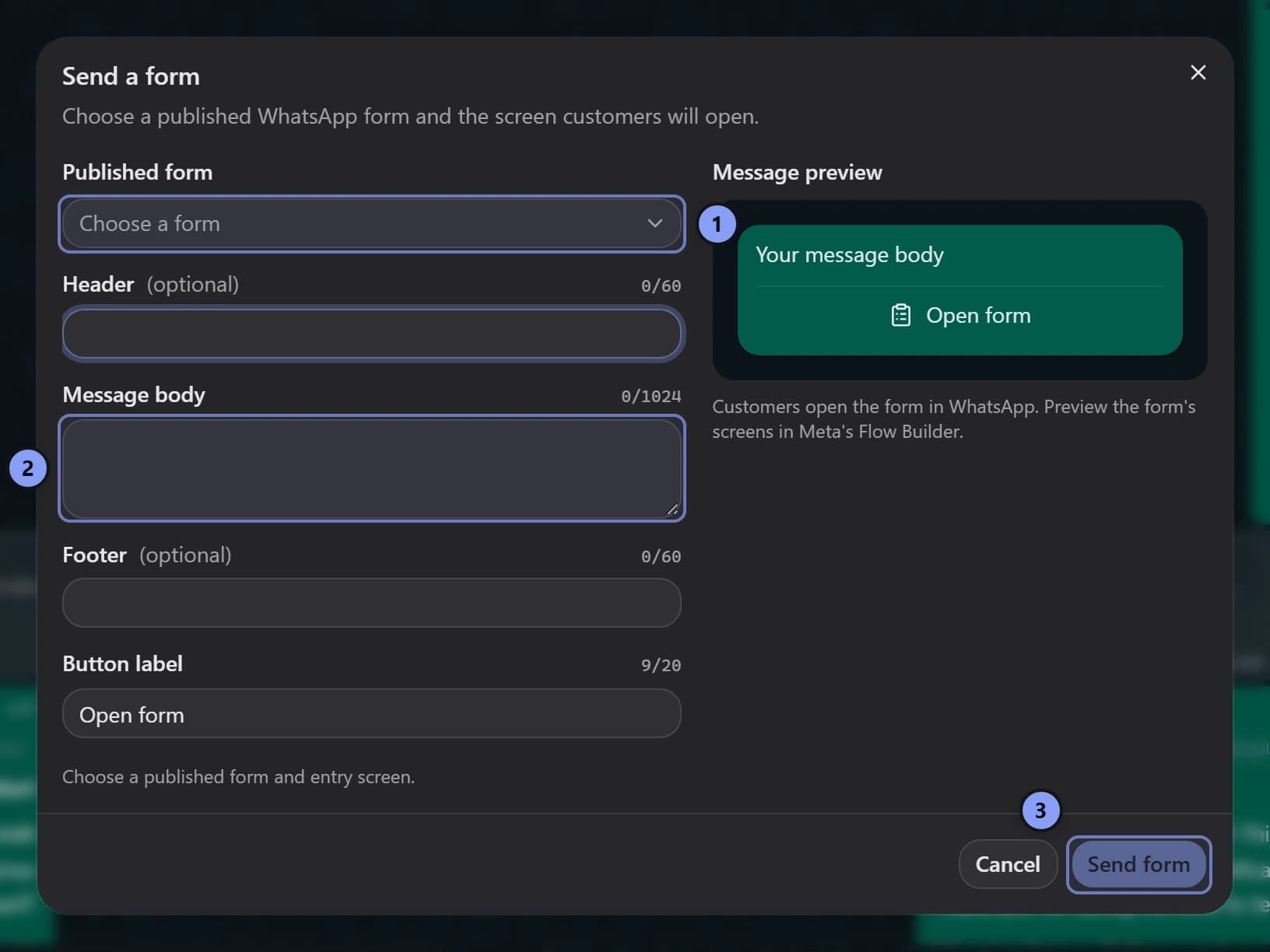 Send a form dialog with Published form marked 1, Message body marked 2, and Send form marked 3