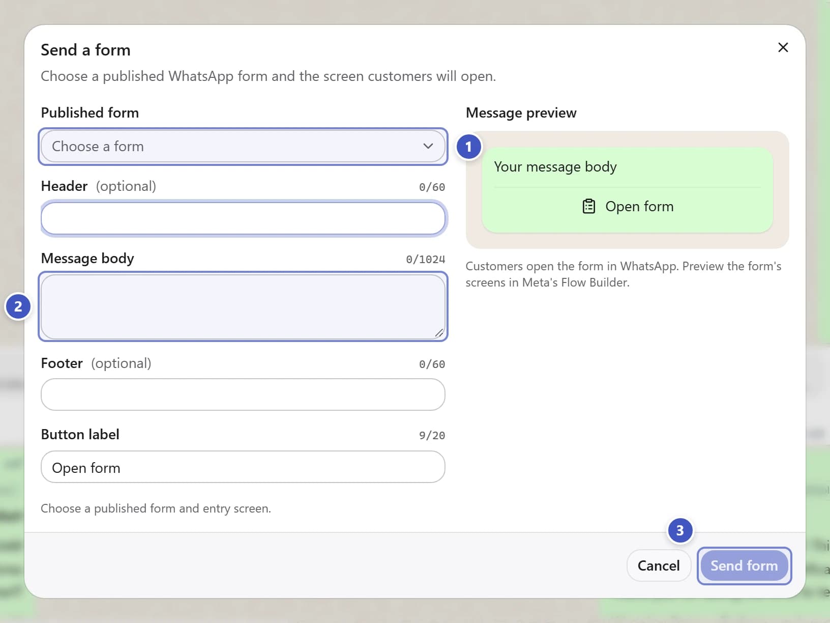 Send a form dialog with Published form marked 1, Message body marked 2, and Send form marked 3