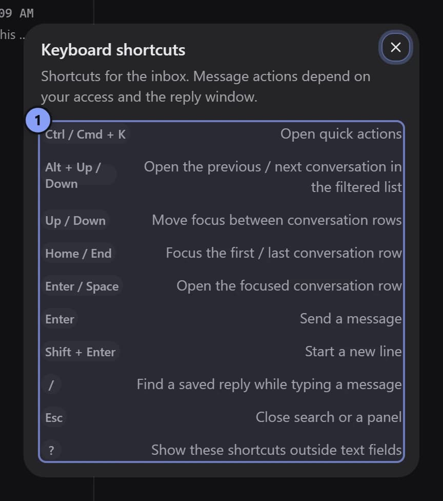 Keyboard shortcuts dialog with the shortcut table marked 1