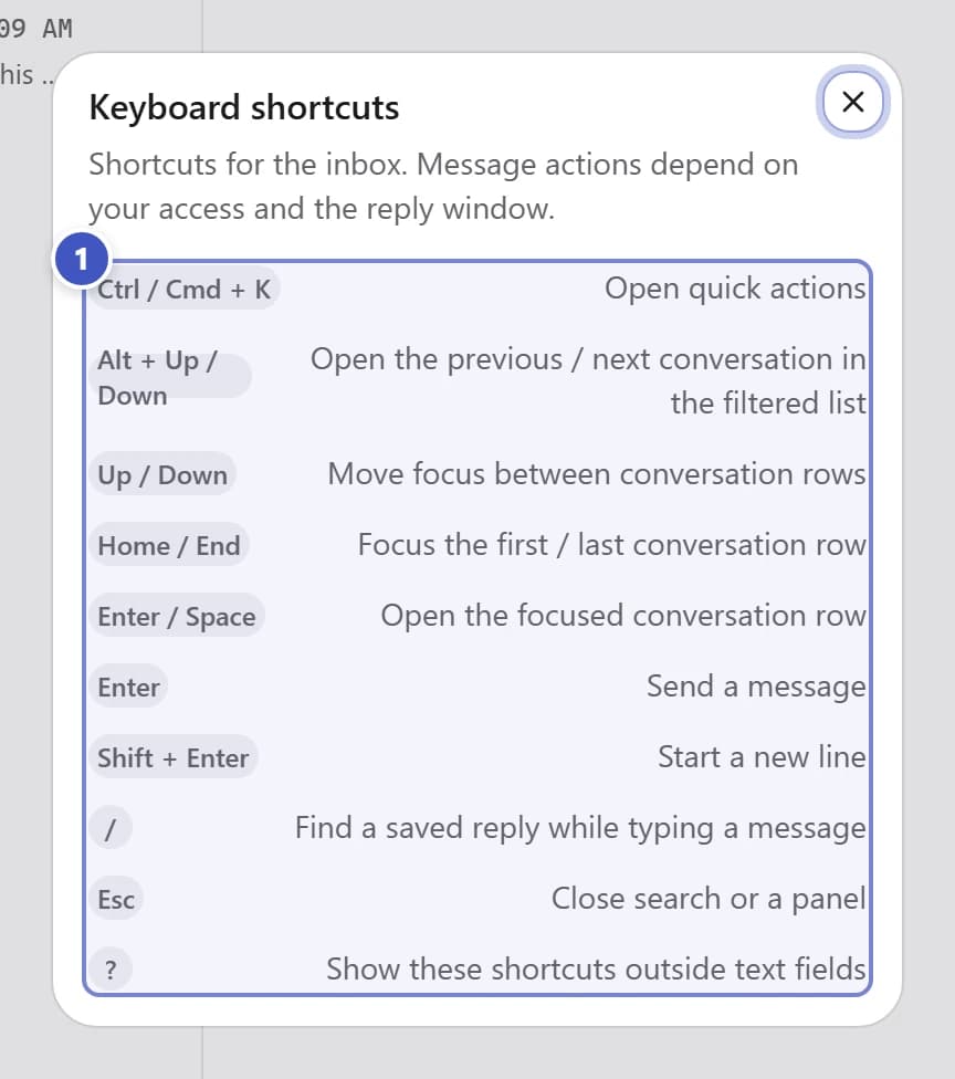Keyboard shortcuts dialog with the shortcut table marked 1