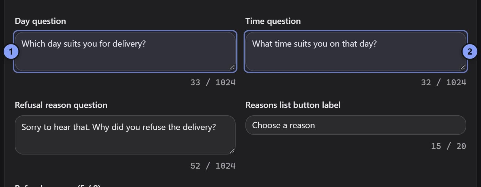 English follow-up fields with Day question marked 1 and Time question marked 2