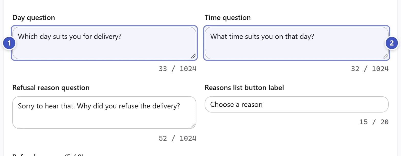 English follow-up fields with Day question marked 1 and Time question marked 2