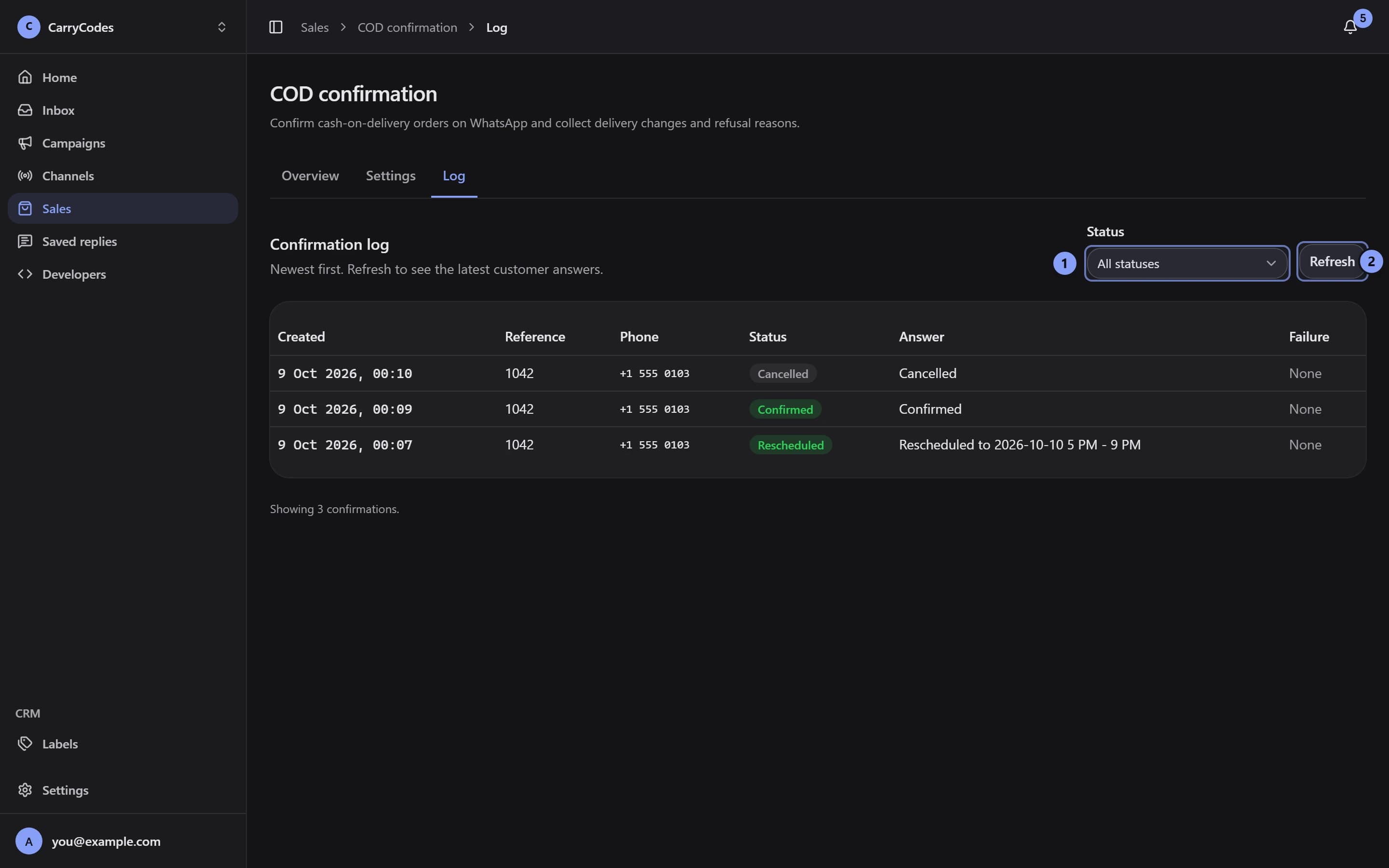 Confirmation log with Status filter marked 1 and Refresh marked 2