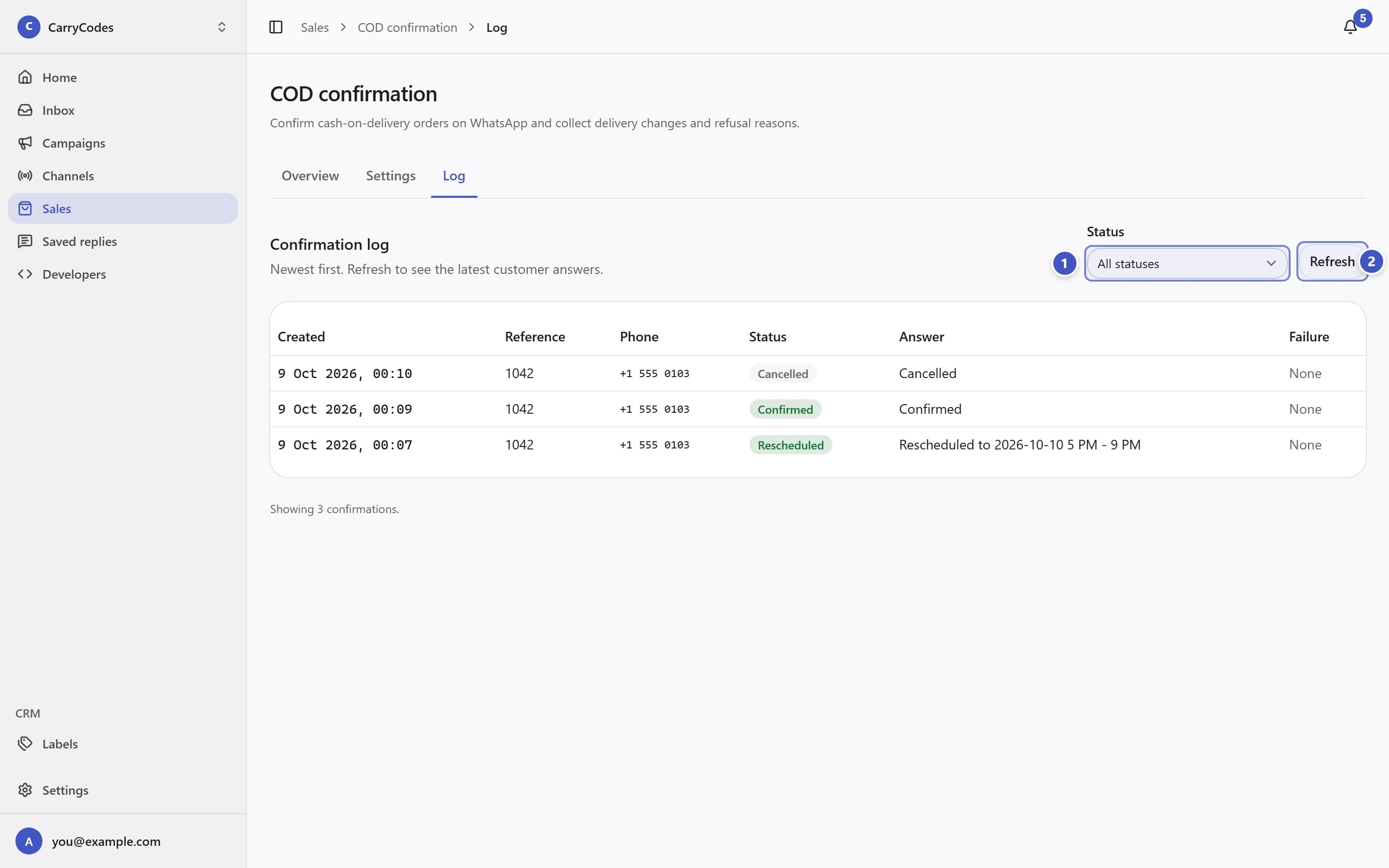 Confirmation log with Status filter marked 1 and Refresh marked 2