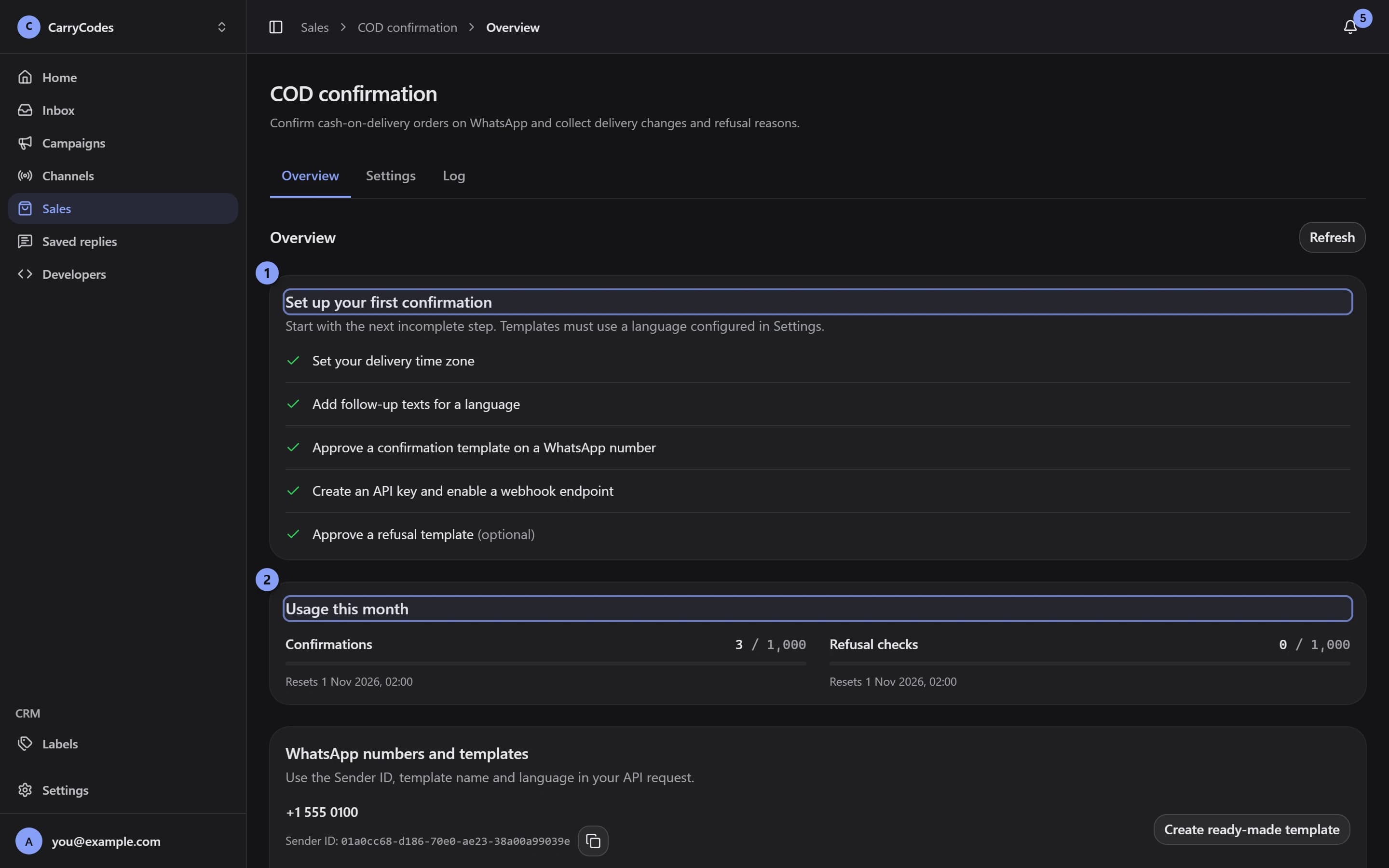 COD Overview with the setup checklist marked 1 and Usage this month marked 2