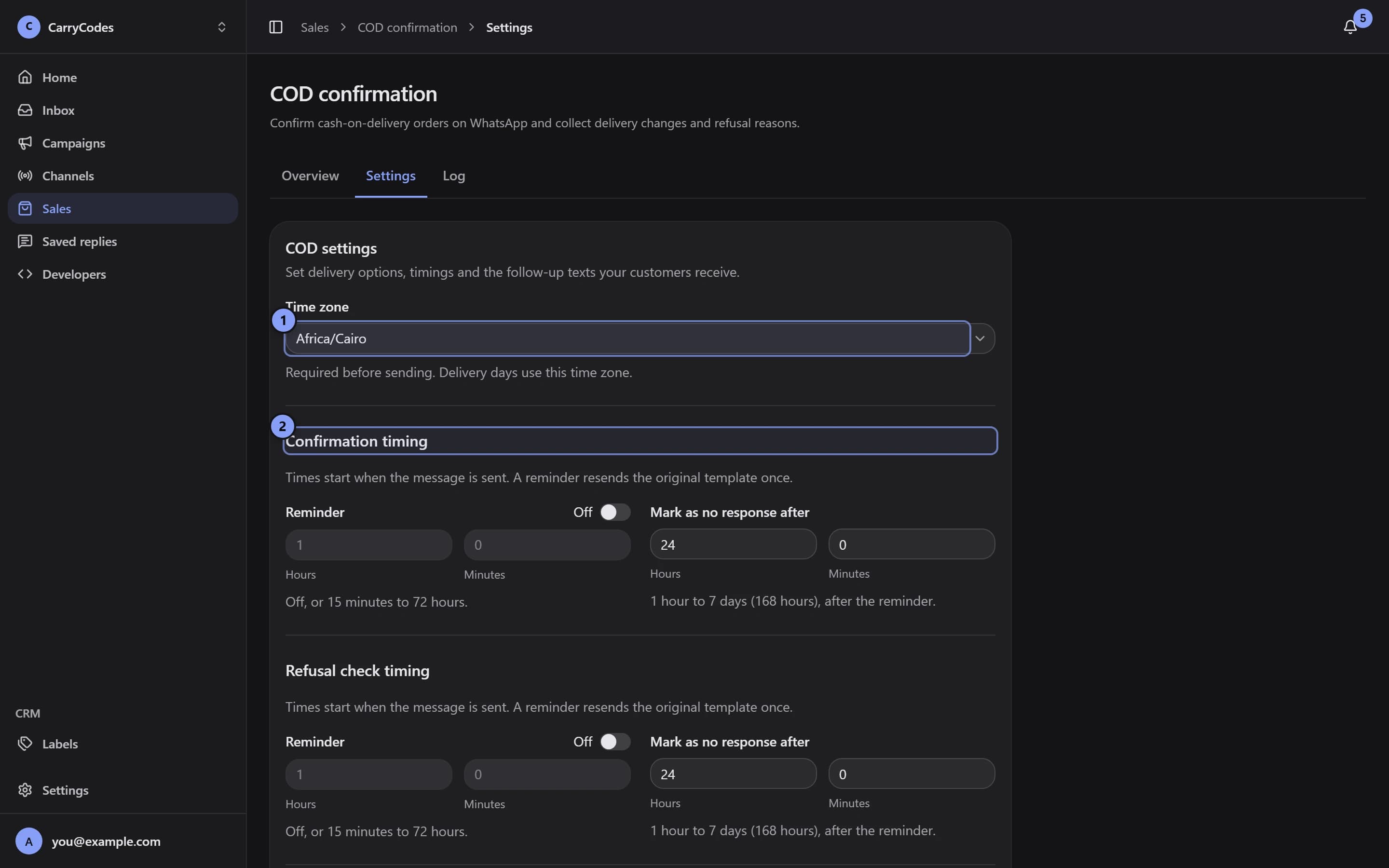 COD settings with Time zone marked 1 and Confirmation timing marked 2