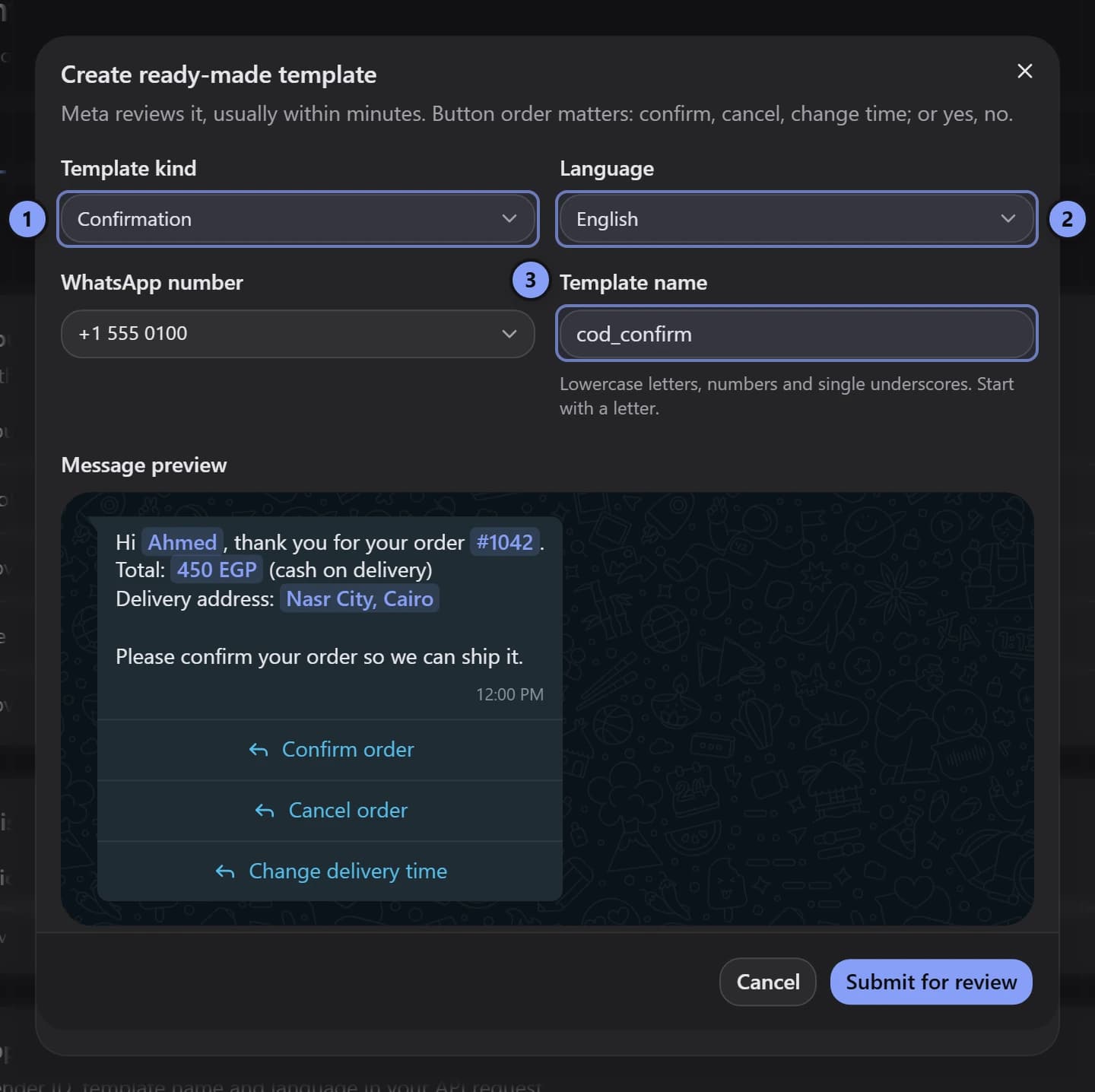 Ready-made template dialog with kind marked 1, language marked 2, and template name marked 3