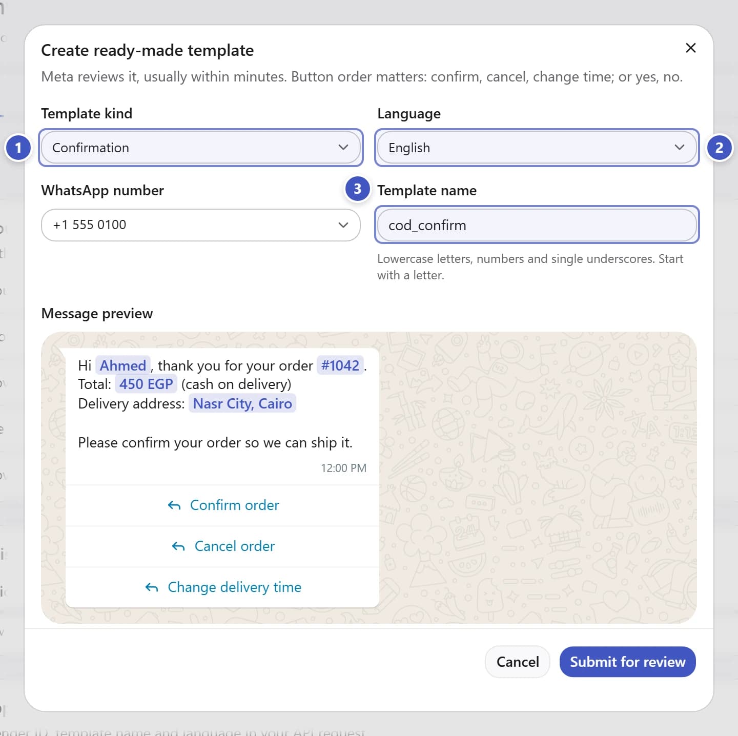 Ready-made template dialog with kind marked 1, language marked 2, and template name marked 3