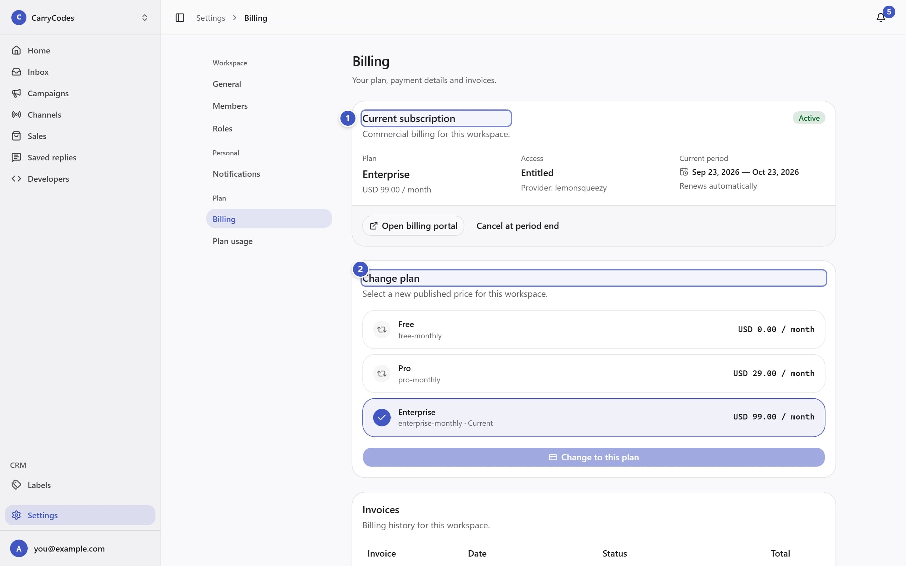 Billing page with Current subscription marked 1 and Change plan marked 2