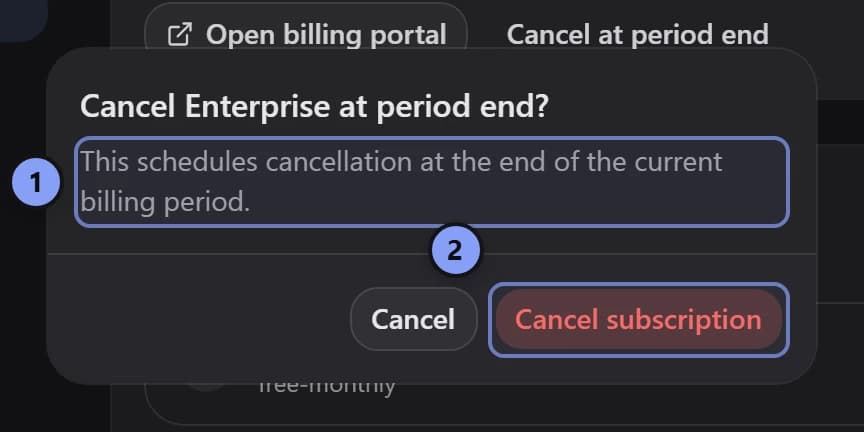 Cancellation dialog with the schedule explanation marked 1 and Cancel subscription marked 2