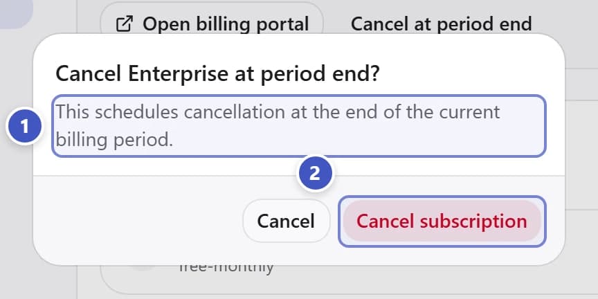 Cancellation dialog with the schedule explanation marked 1 and Cancel subscription marked 2