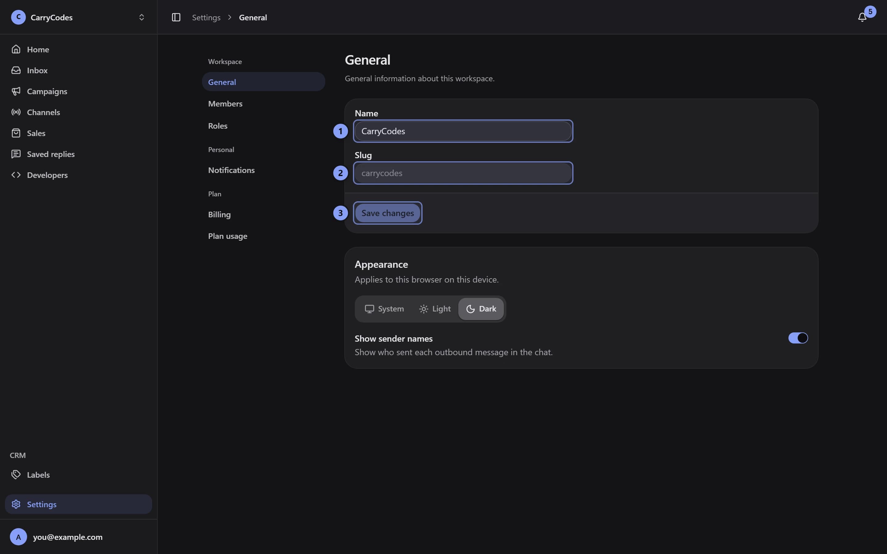 General settings with Name marked 1, read-only Slug marked 2, and Save changes marked 3
