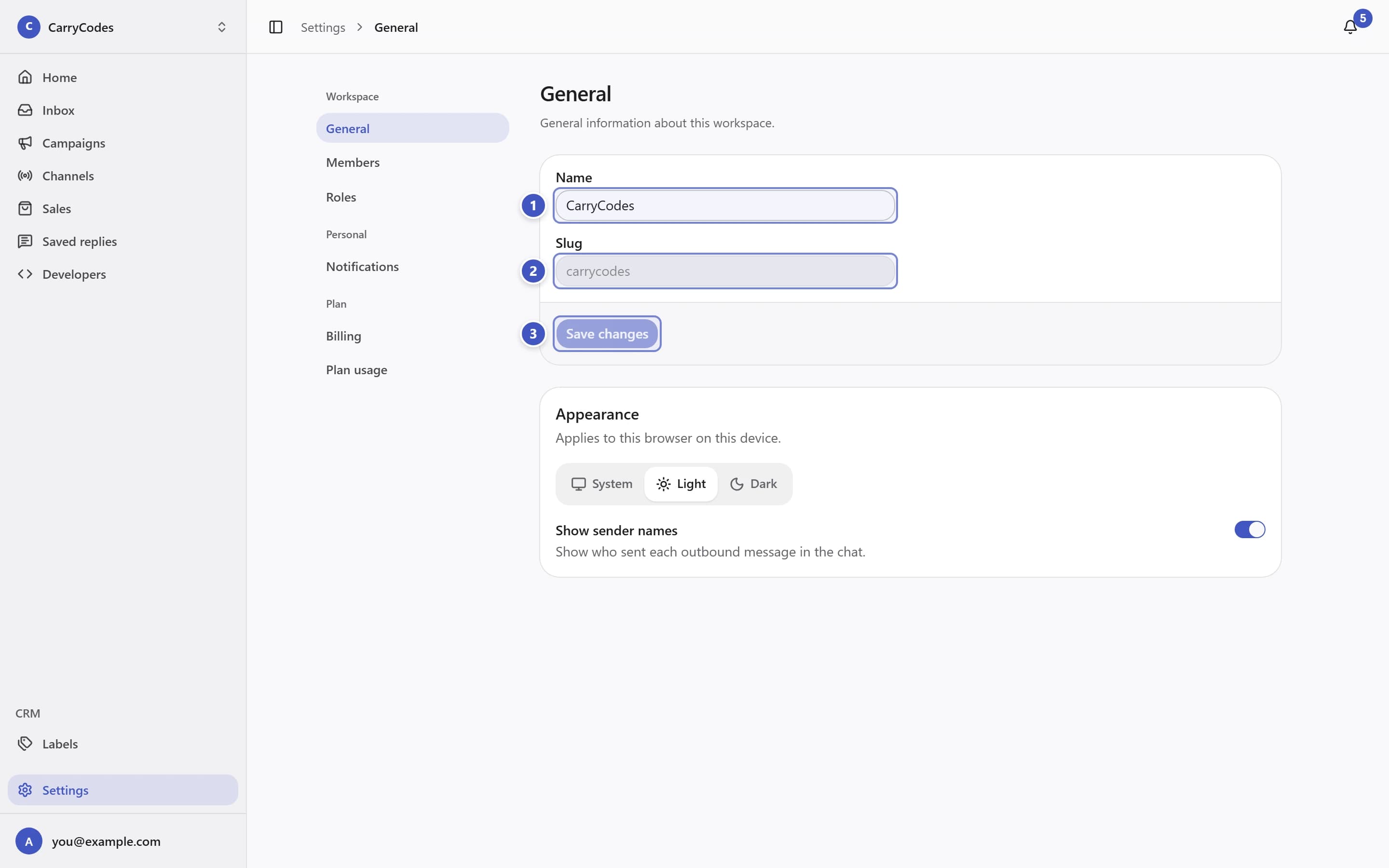 General settings with Name marked 1, read-only Slug marked 2, and Save changes marked 3