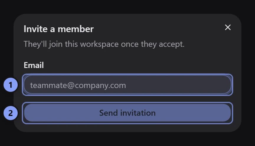 Invite a member dialog with Email marked 1 and Send invitation marked 2