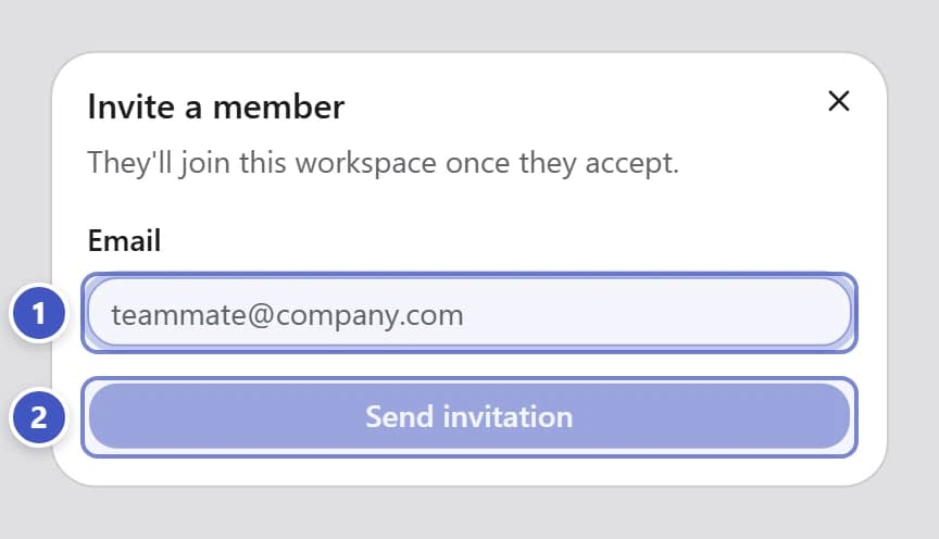 Invite a member dialog with Email marked 1 and Send invitation marked 2