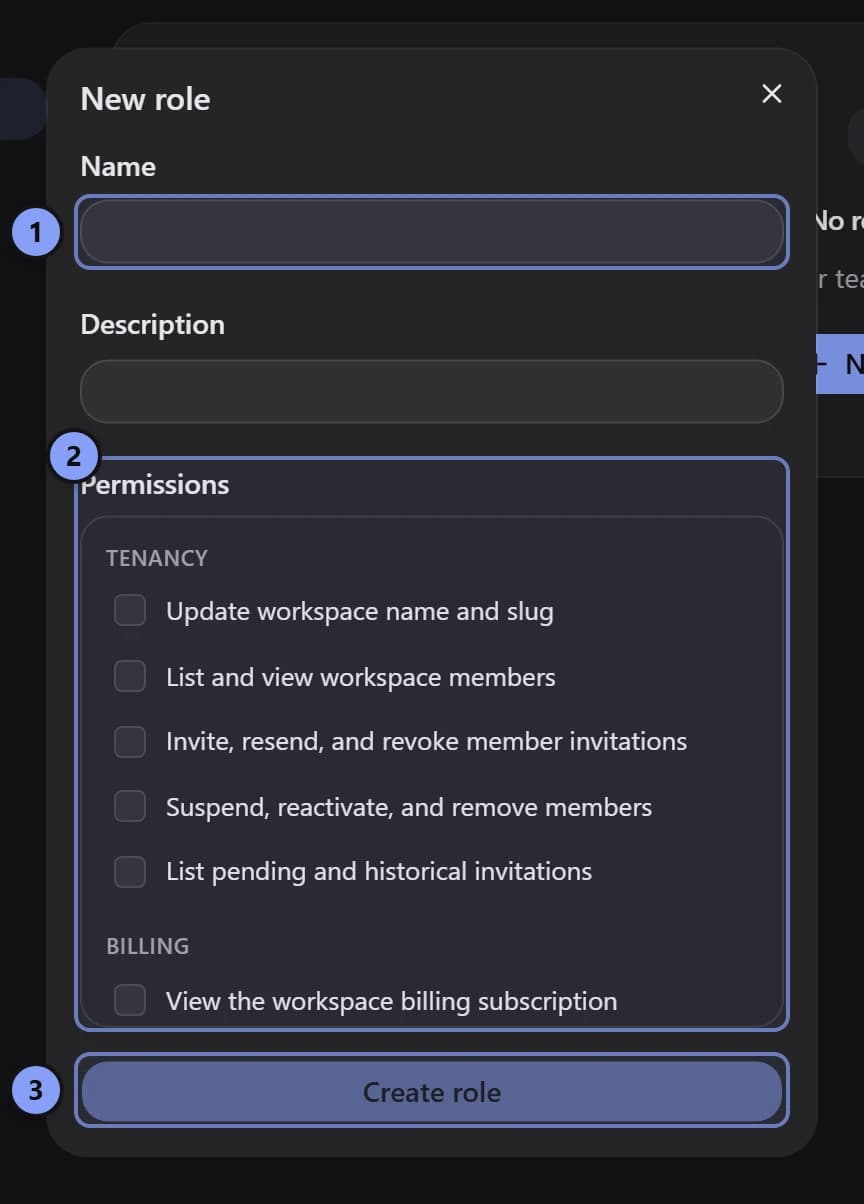 New role dialog with Name marked 1, the permission list marked 2, and Create role marked 3