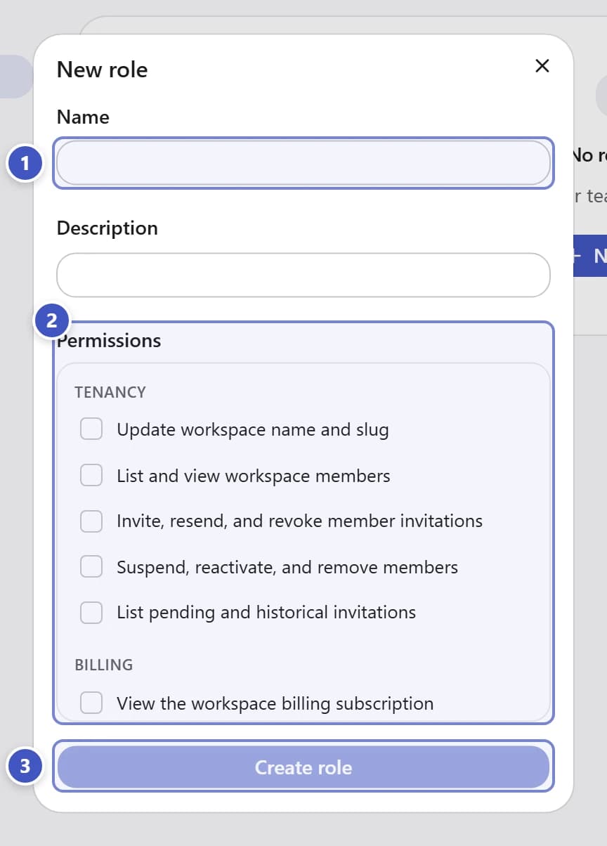 New role dialog with Name marked 1, the permission list marked 2, and Create role marked 3