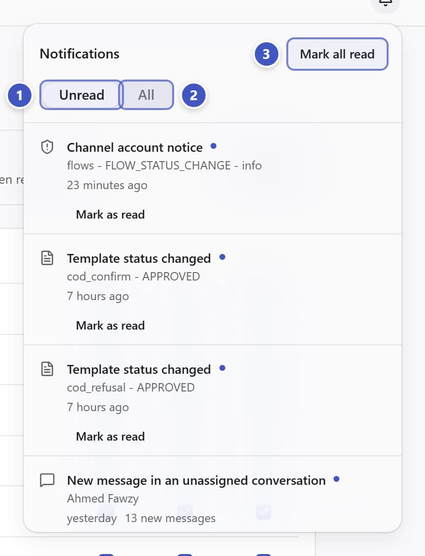Notifications popover with Unread marked 1, All marked 2, and Mark all read marked 3