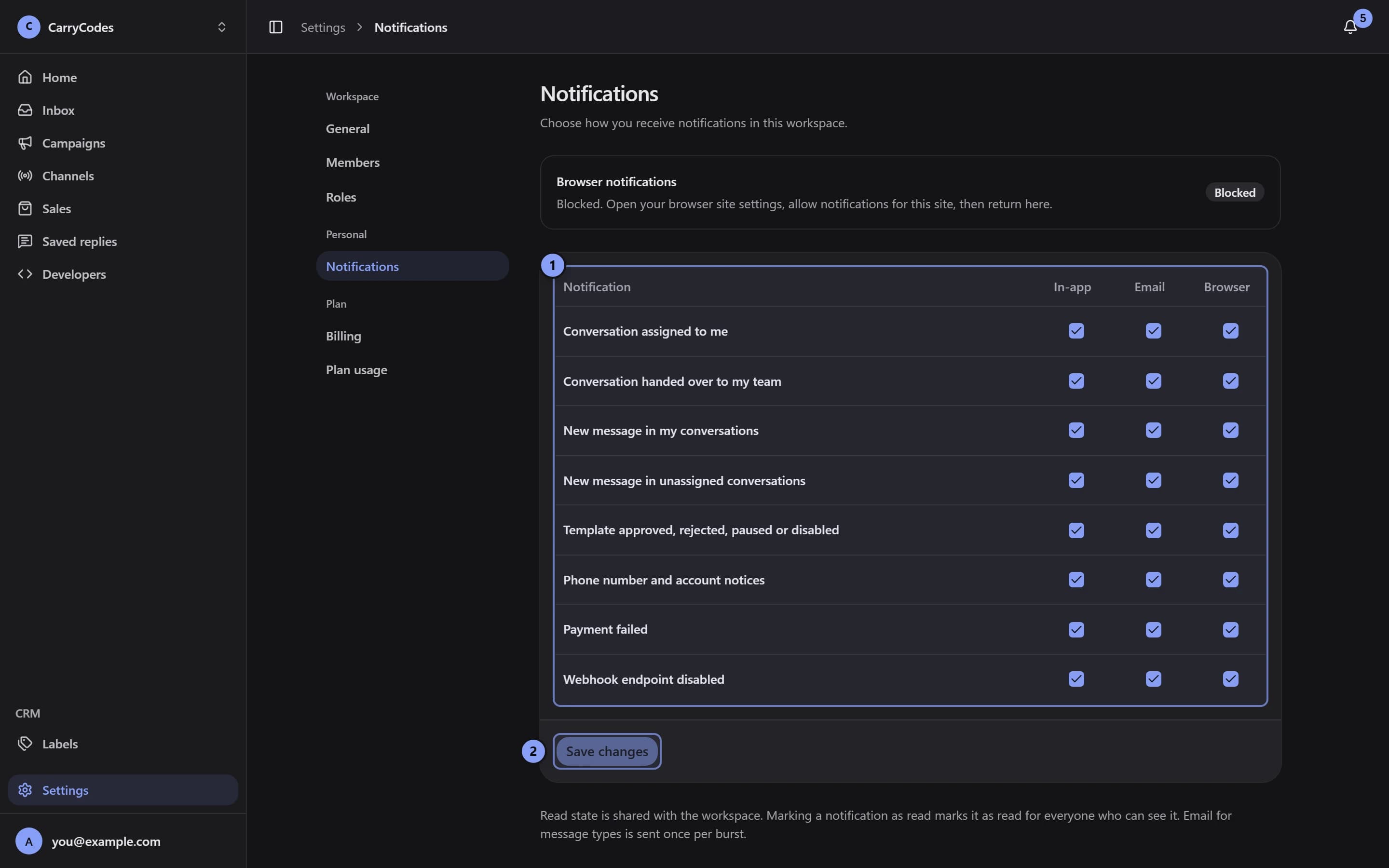 Notifications settings with the preference table marked 1 and Save changes marked 2