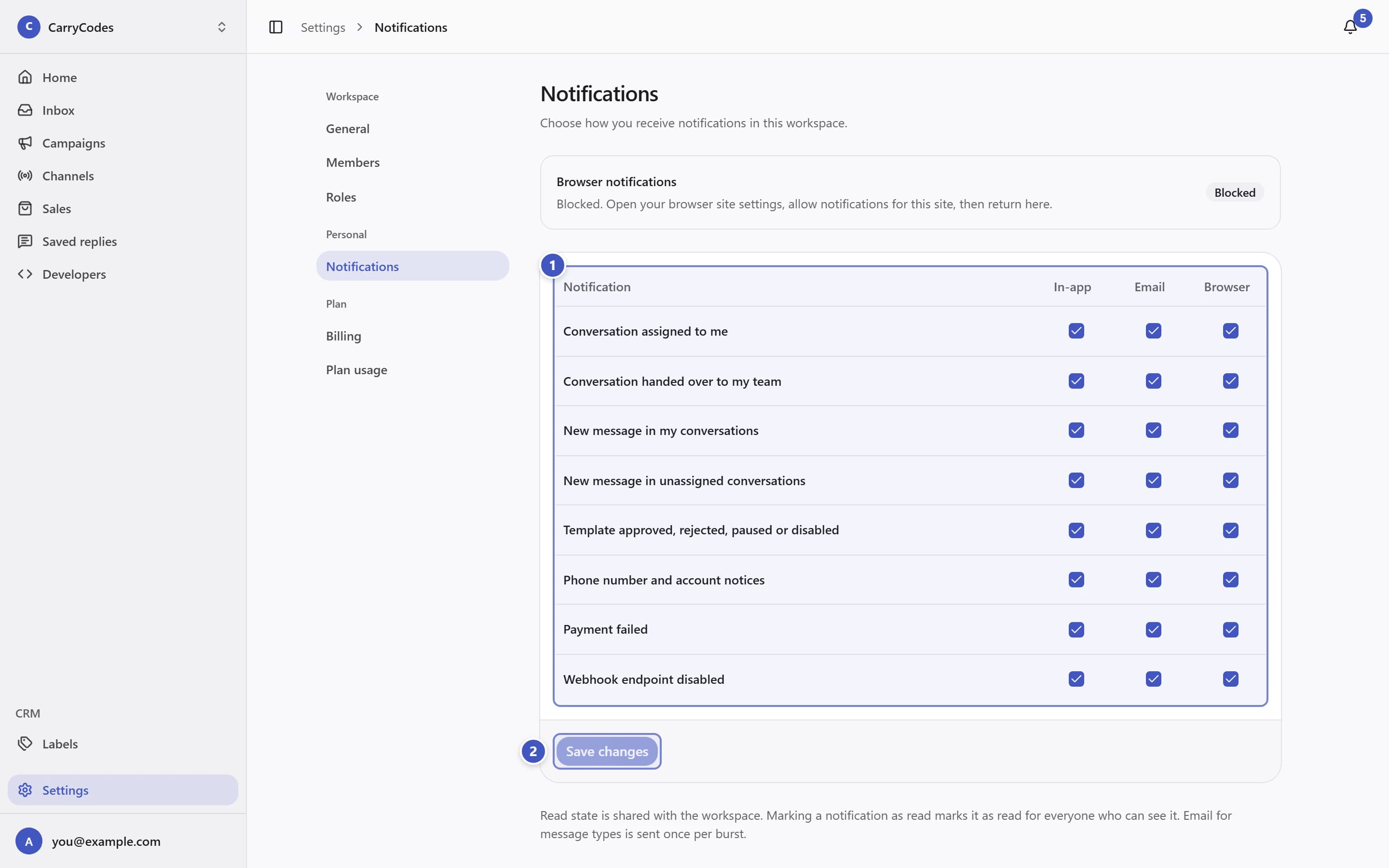 Notifications settings with the preference table marked 1 and Save changes marked 2