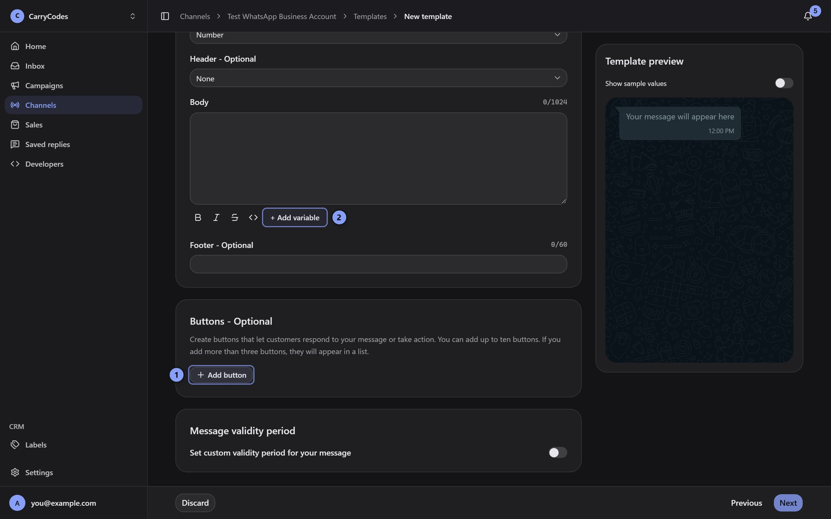 Template editor with Body marked 1 and its Add variable control marked 2