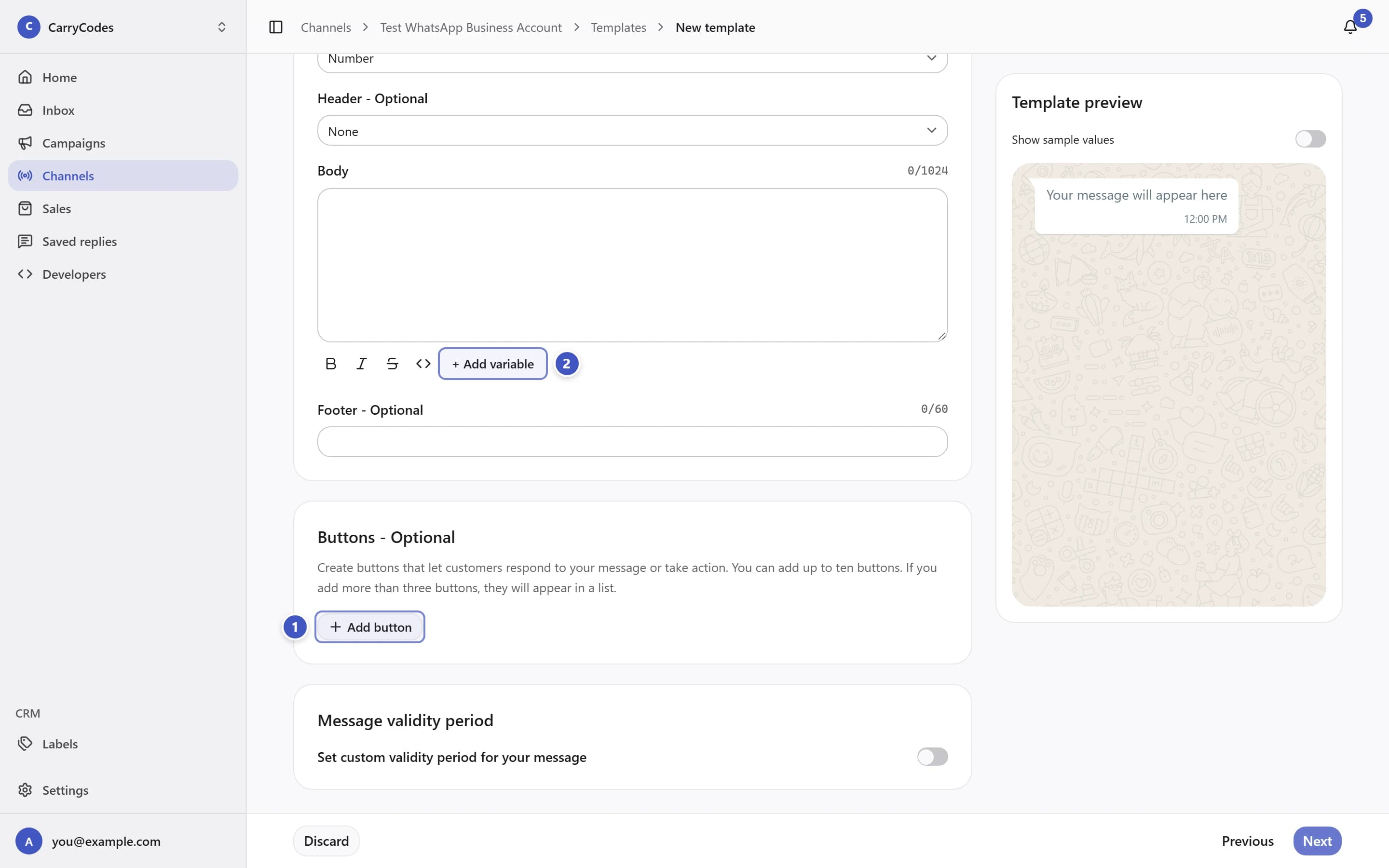 Template editor with Body marked 1 and its Add variable control marked 2
