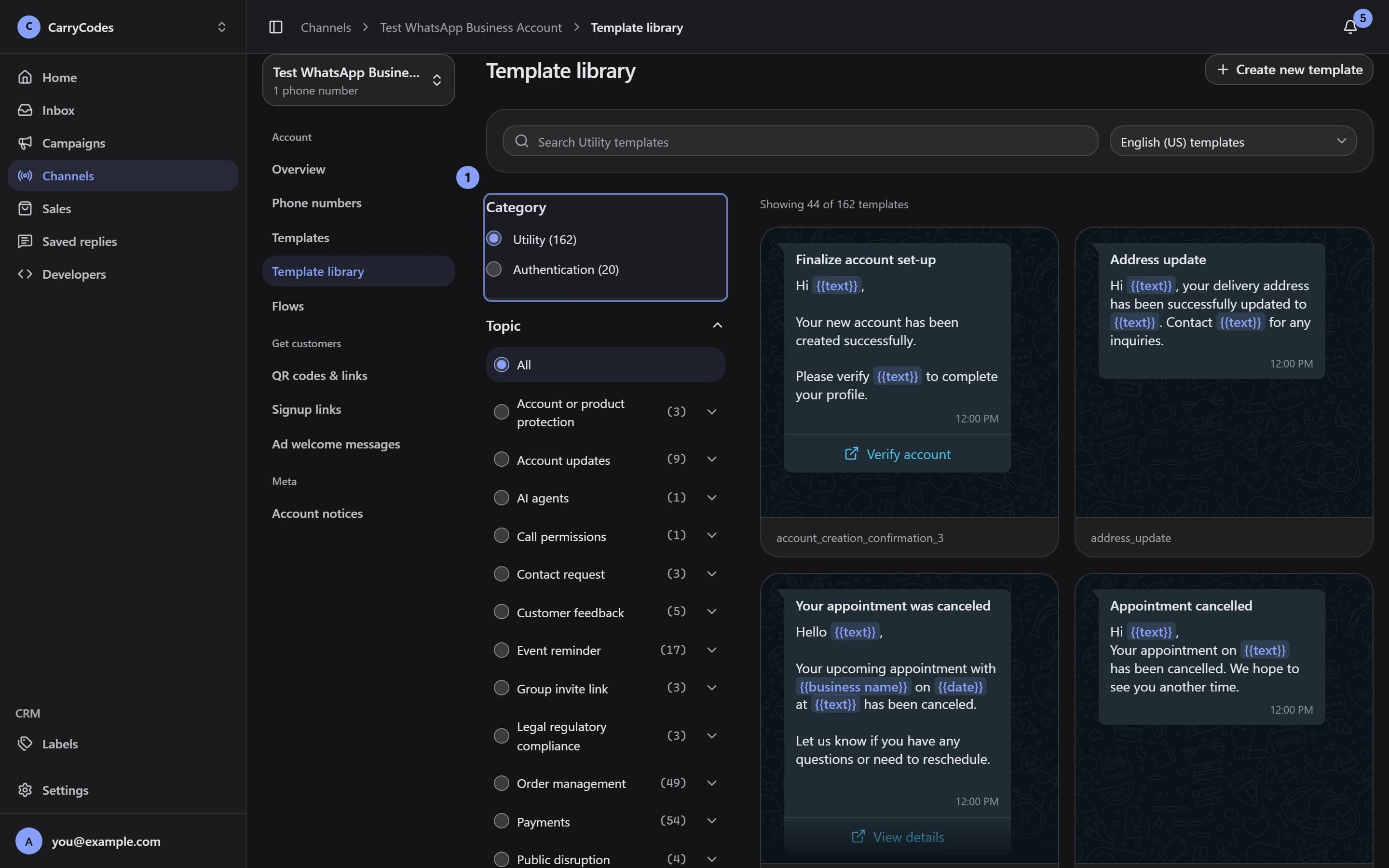 Template library with the category filters marked 1