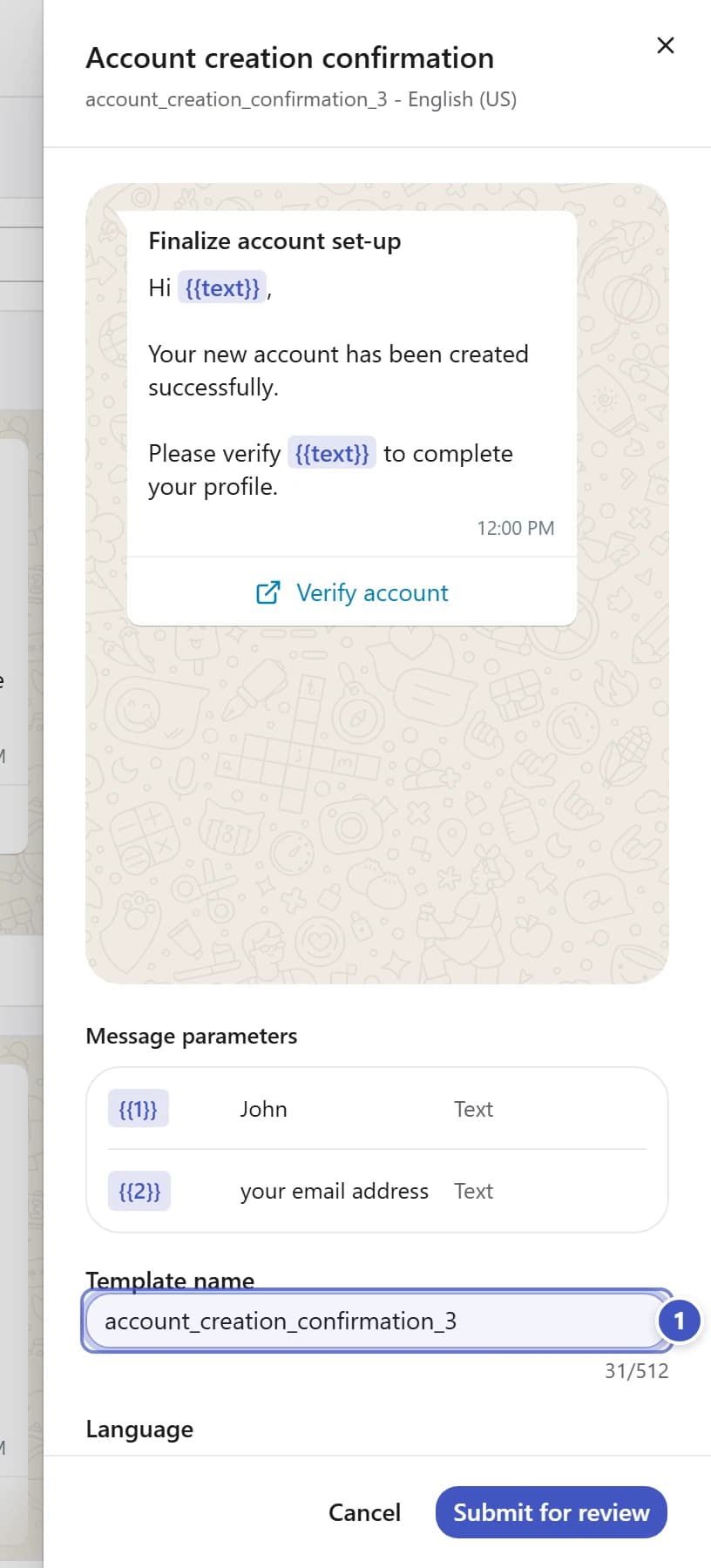 Library template details panel with Template name marked 1