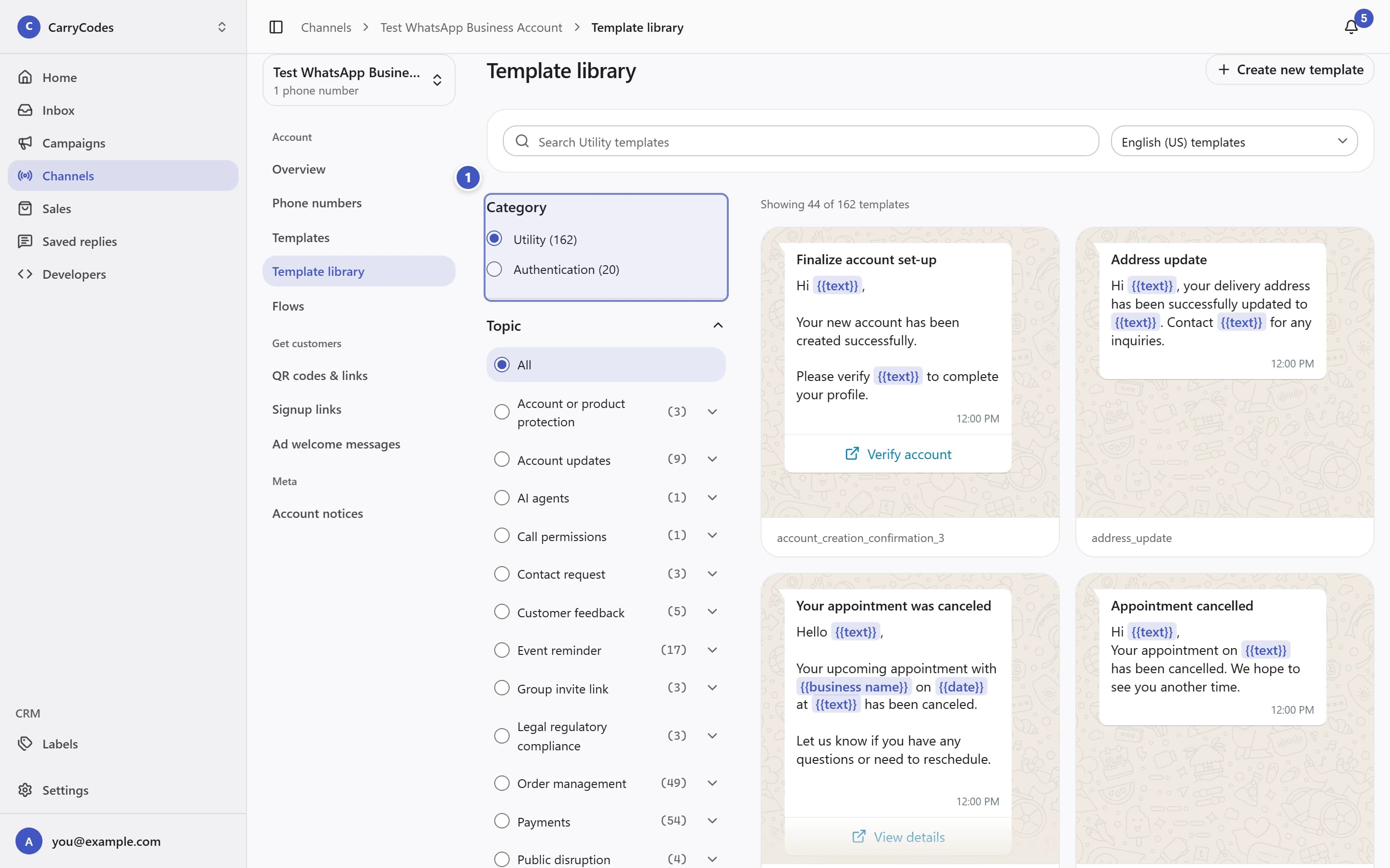 Template library with the category filters marked 1
