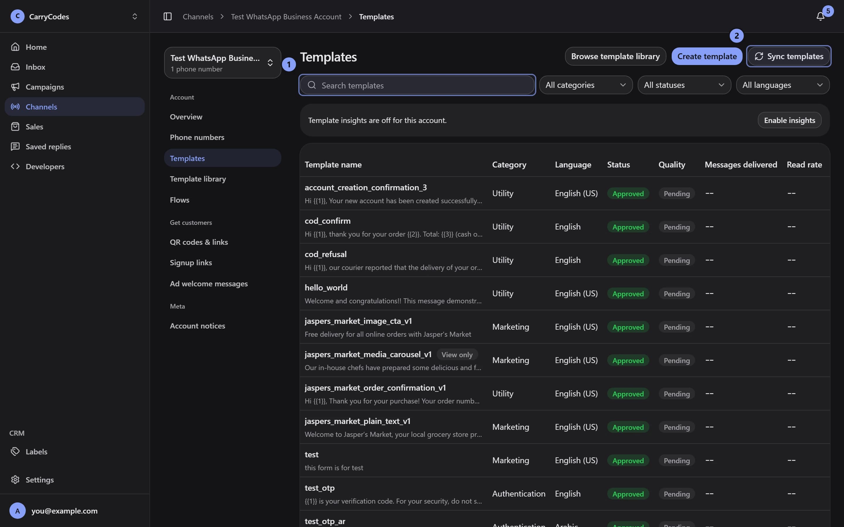Account Templates with Search templates marked 1 and Sync templates marked 2