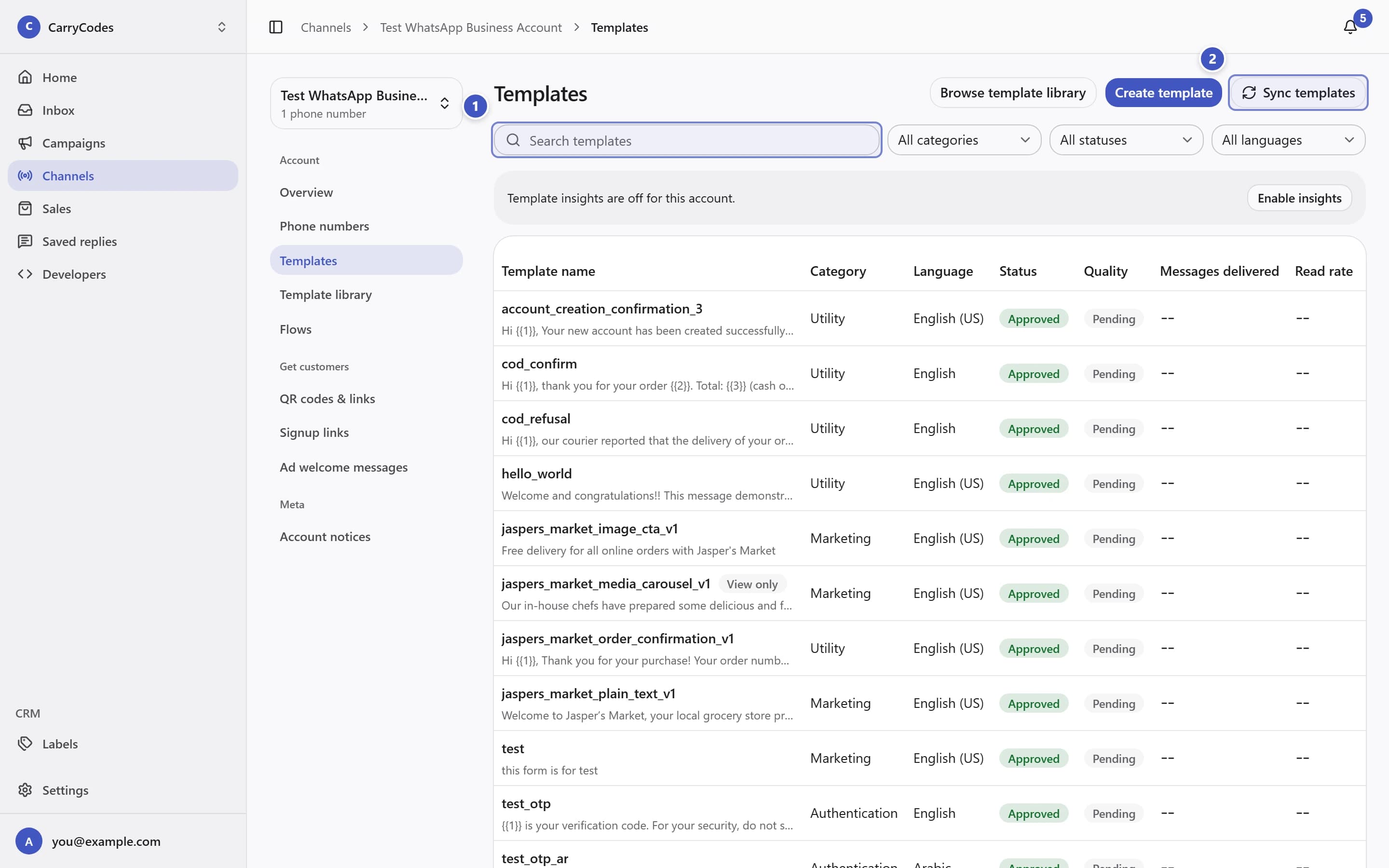 Account Templates with Search templates marked 1 and Sync templates marked 2