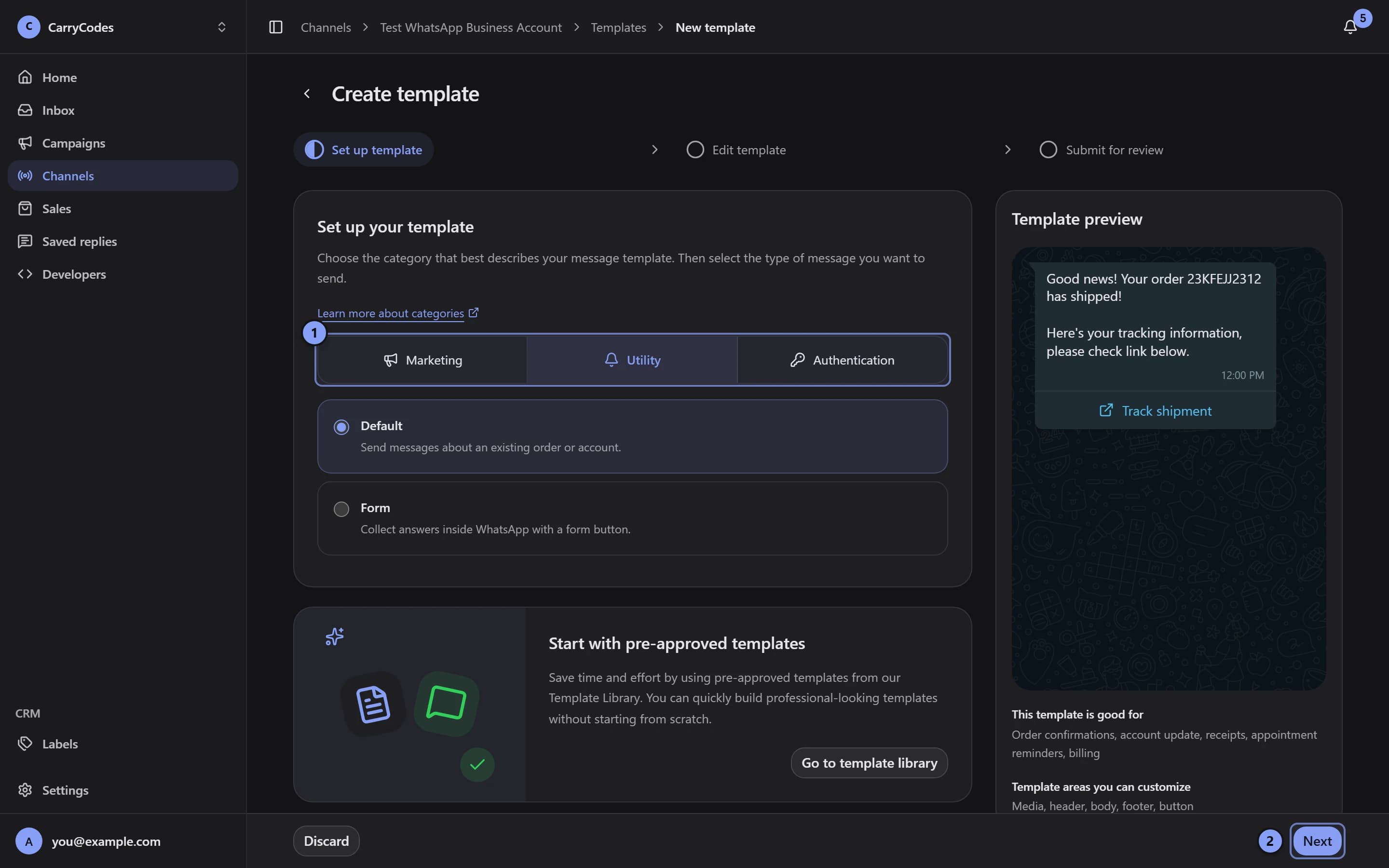 Template setup with category controls marked 1 and Next marked 2