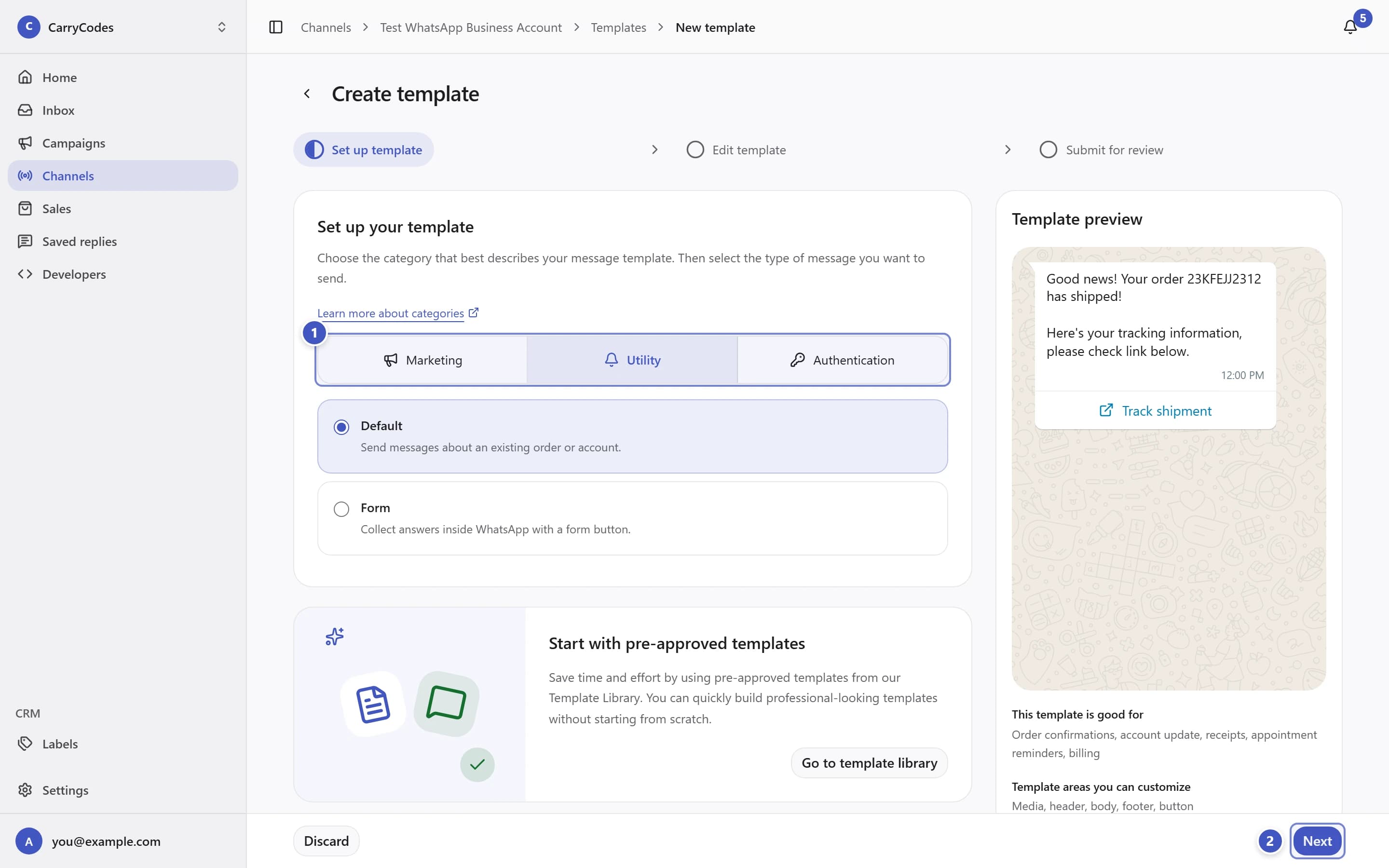 Template setup with category controls marked 1 and Next marked 2
